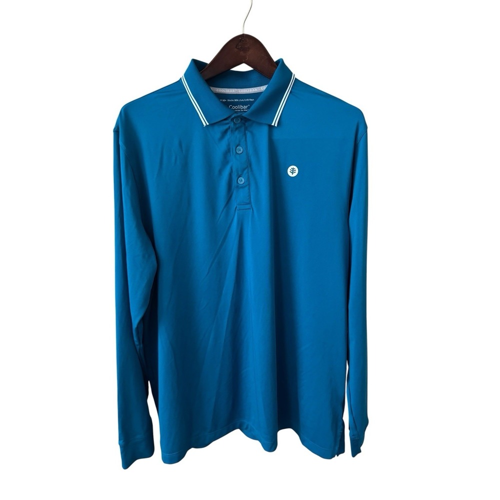 Coolibar Erodym Golf Polo Shirt Mens Long Sleeve Teal UPF50 Large